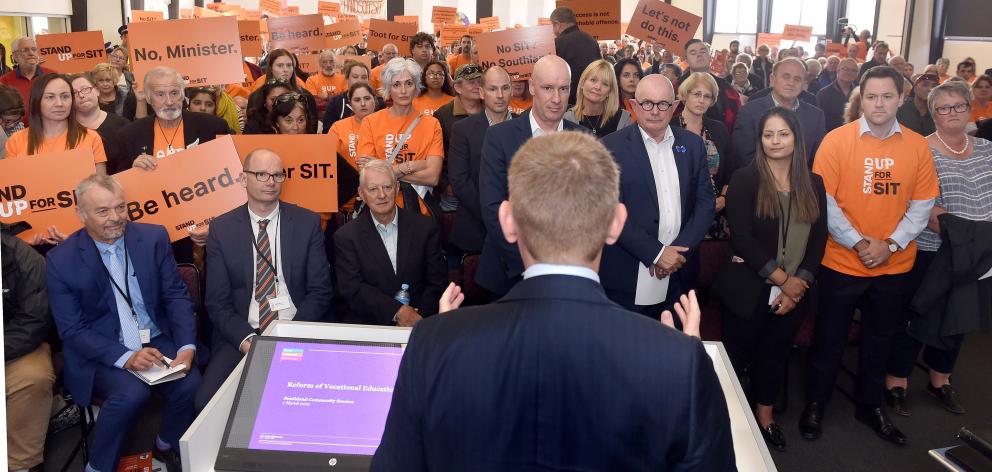 Education Minister Chris Hipkins addresses a public meeting in Invercargill yesterday about the...