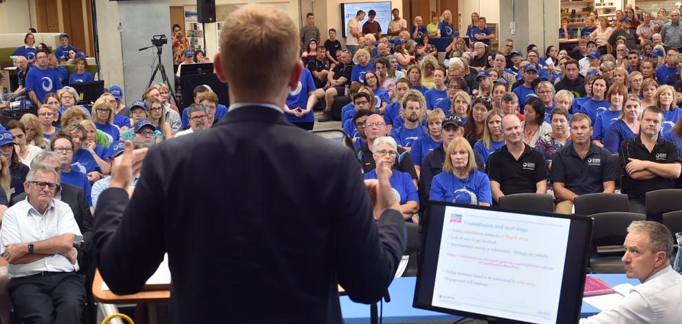 Education Minister Chris Hipkins addresses Otago Polytechnic staff during meetings in the city earlier this month. Photo: Peter McIntosh