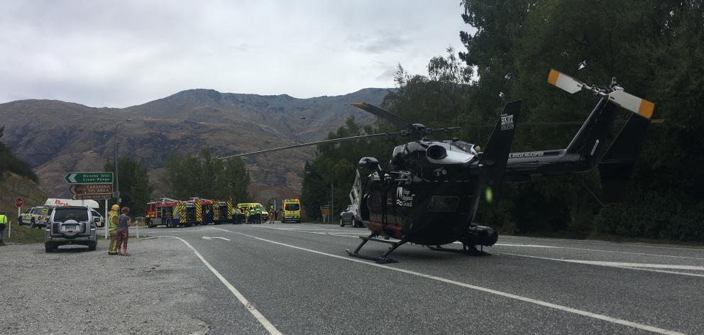 Emergency services at the scene of a head-on crash near Gibbston today. Photo: Tracey Roxburgh