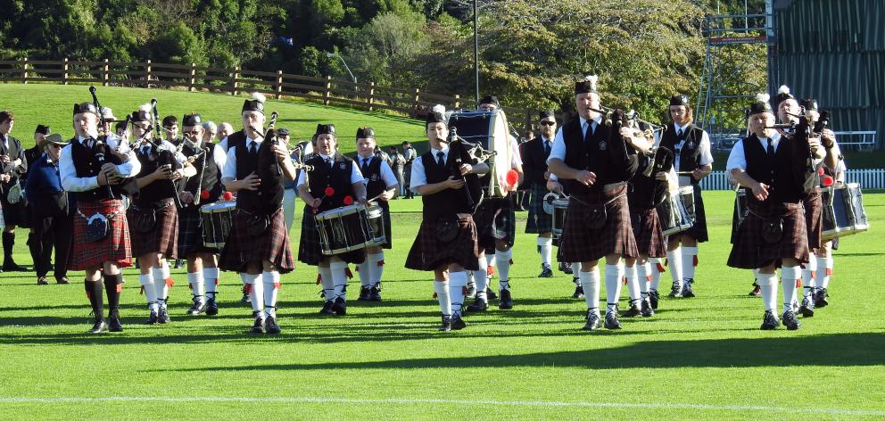 Hokonui Celtic Pipe Band competes in the grade 4a competition yesterday morning. PHOTO: LOUISE...