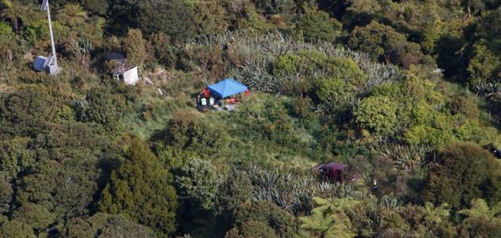 Emergency services near the scene of a helicopter crash in Glenbervie Forest. Photo: NZME.
