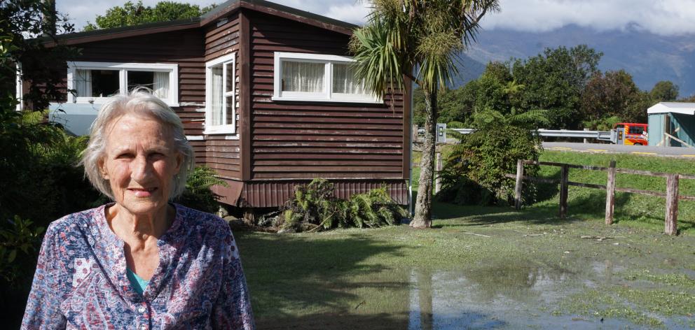 Severe rain on Tuesday resulted in the Waiatoto River bursting over its embankments and through 86-year-old Hazel Horne's property at over knee height, something she had never experienced in her 40 years of living there. Photo: Sean Nugent