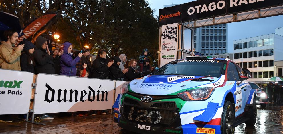 New Zealand’s top rally driver, Hayden Paddon, and co-driver John Kennard leave the starting gate...
