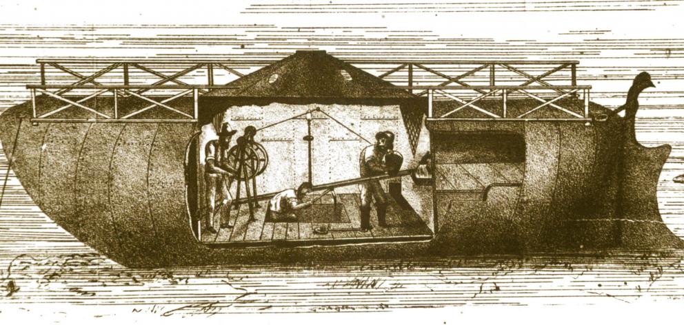 A sketch of the platypus submarine dredge built in Dunedin in 1873 and tested in Otago Harbour in...