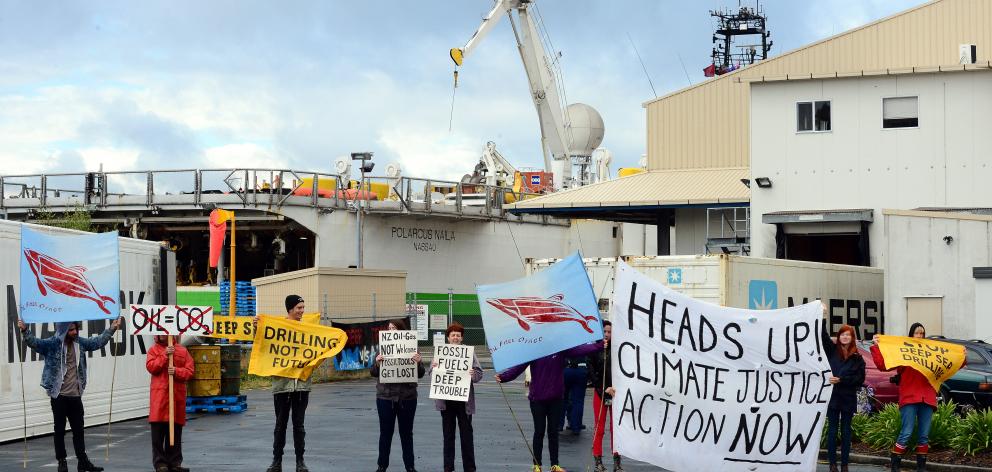 Oil Free Otago protesters at Fryatt St in Dunedin in 2015 during the visit of the hydrographic...