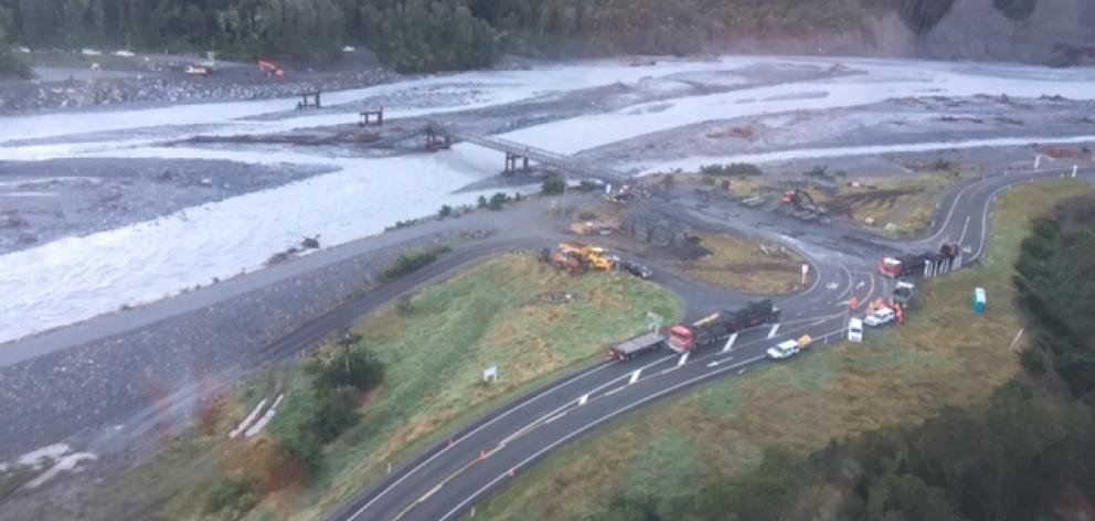 A view of the construction site at the Waiho River bailey bridge. Photo: Downer A view of the construction site at the Waiho River bailey bridge. Photo: Downer