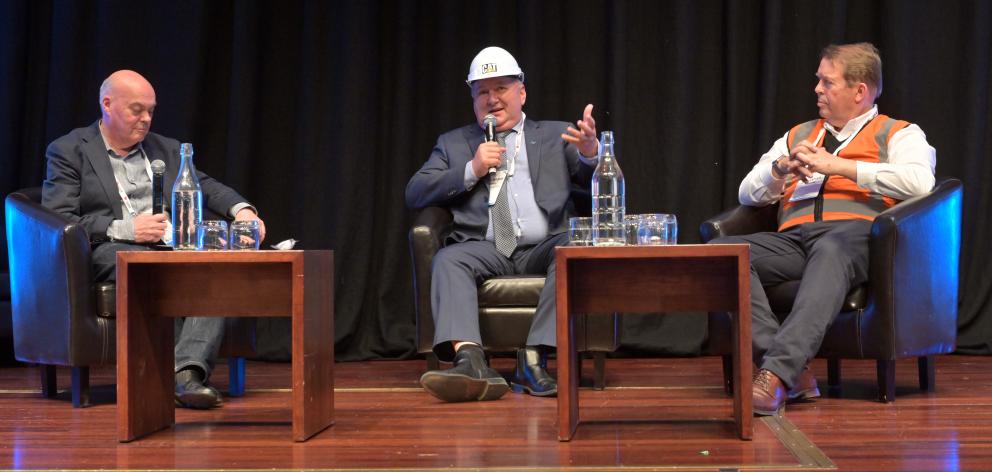 Discussing the future of fossil fuels at the Minerals Forum in Dunedin yesterday are (from left) adjudicator Brian Fallow, from The New Zealand Herald, Regional Development Minister Shane Jones and National's energy and resources spokesman, Jonathan Young