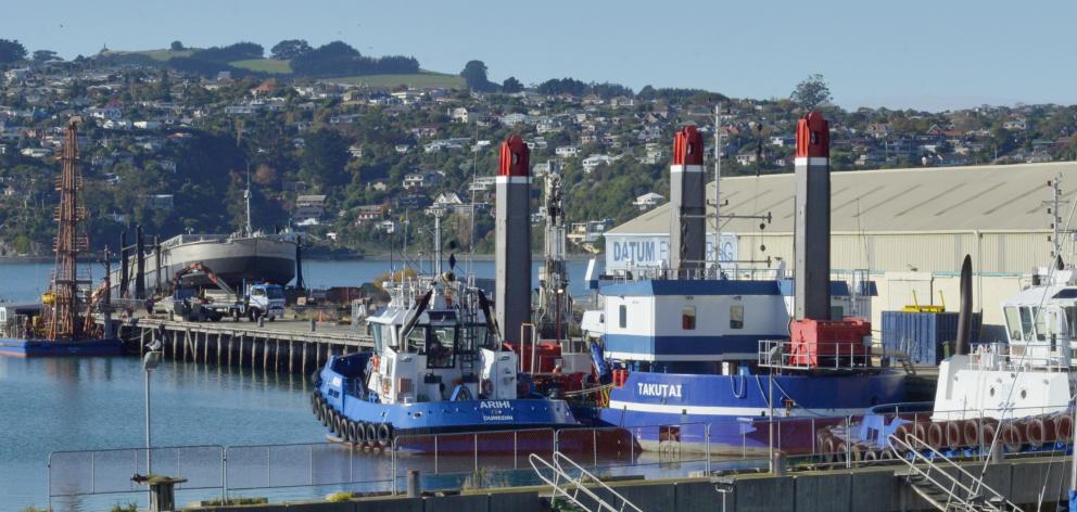 Port Otago’s split-hopper barge TR Healy on the 41-year-old Kitchener St slipway yesterday....