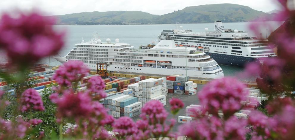 The cruise ships Silver Whisper (front) and Volendam. Photo: Stephen Jaquiery