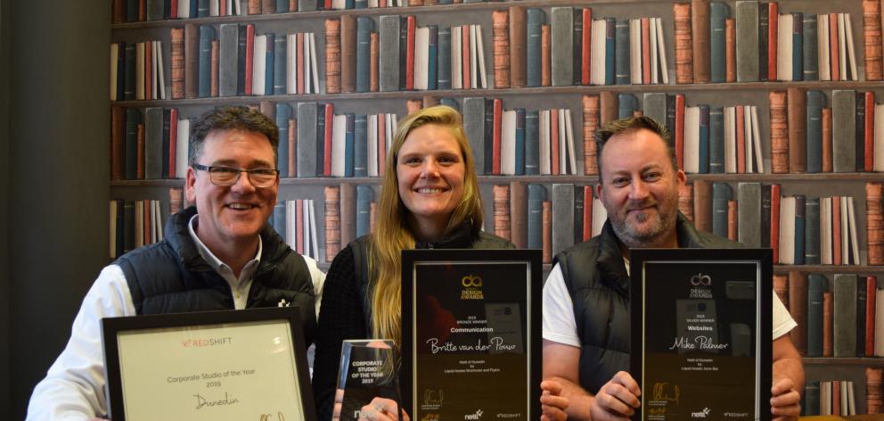 Parading prizes won at the Redshift Design Awards on Saturday (from left) Nettl Dunedin area manager Paul Johnson, creative Britte van der Pouw and lead creative Mike Palmer. Photo: Shawn McAvinue Parading prizes won at the Redshift Design Awards on Saturday (from left) Nettl Dunedin area manager Paul Johnson, creative Britte van der Pouw and lead creative Mike Palmer. Photo: Shawn McAvinue