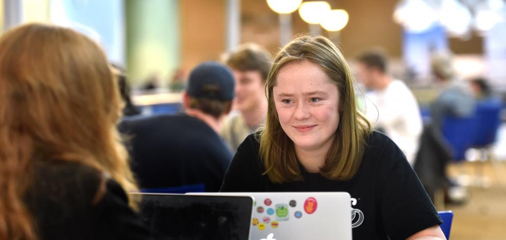 Second-year student Jenna McNaughton (19) studies in the University of Otago link building. Photo: Peter McIntosh