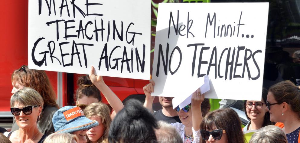 Striking primary school teachers rally in Dunedin's Octagon late last year. PHOTO: GERARD O'BRIEN