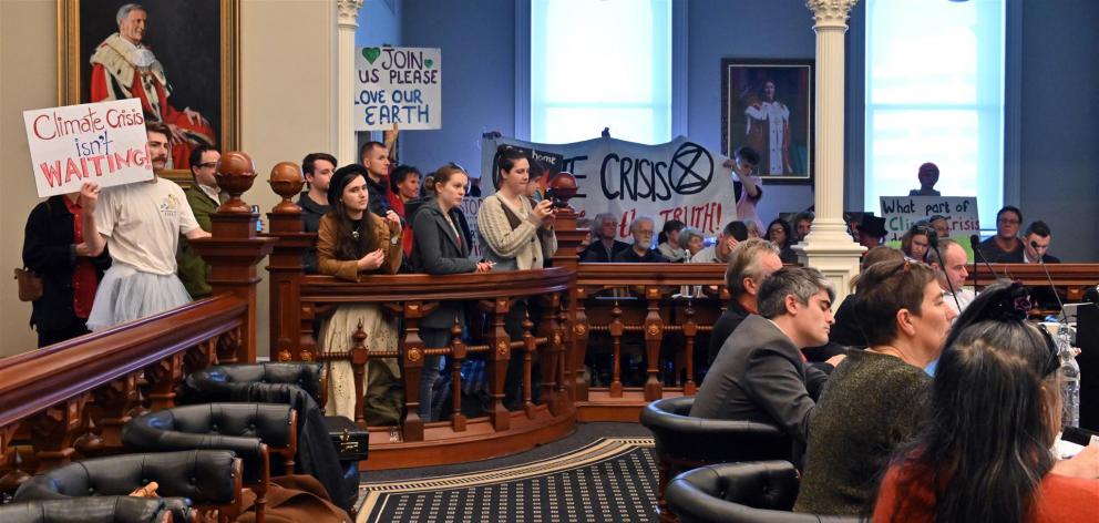 A packed public gallery made its feelings clear as councillors at yesterday's Dunedin City Council meeting voted to declare a climate emergency. Photo: Linda Robertson