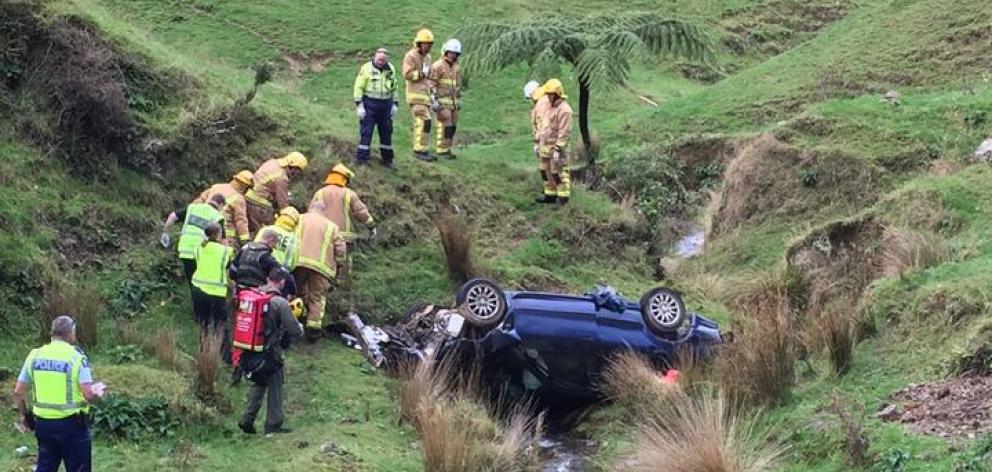 Emergency services at the scene of the crash. Photo: Philips Search and Rescue Trust via RNZ