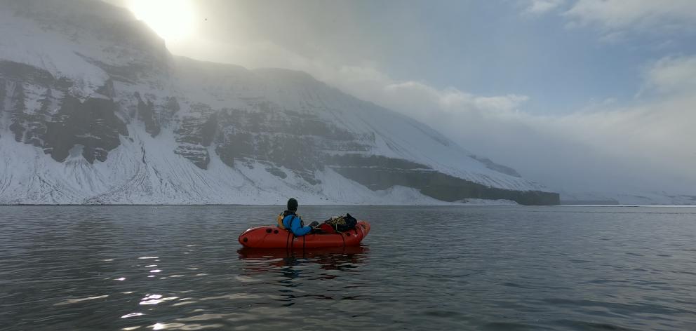 Dr Richard Stephenson, of Dunedin, moves to the south Skjalfandafljot River on his inflatable pack-raft, at the end of the Iceland traverse. Photo: Supplied