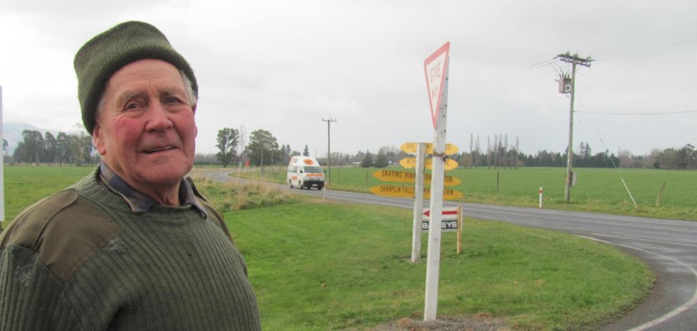 Staveley stalwart Richie Bruce says the Ashburton Staveley Rd-Arundel Rakaia Gorge Rd corner needs a stop sign to prevent further accidents. Photo: Toni Williams