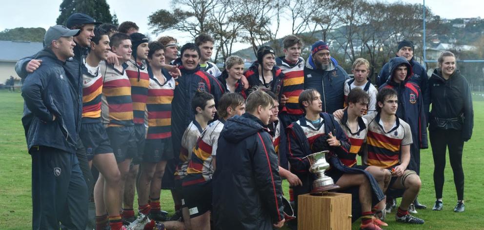 John McGlashan College celebrate their win over King's High School at the weekend. Photos: Peter...