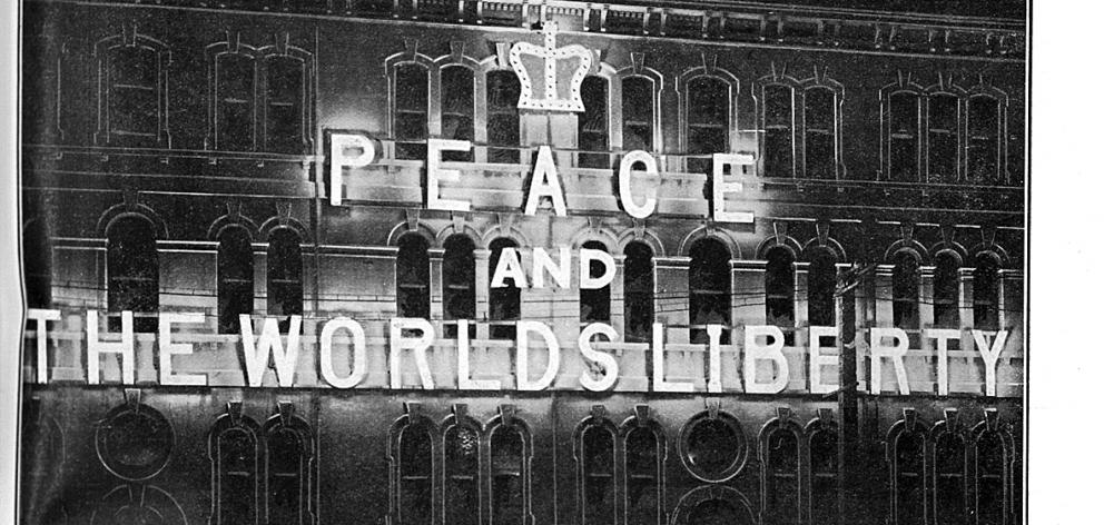 Peace celebrations in July, 1919 included light displays on buildings such as the Otago Daily Times. Photo: Otago Witness Peace celebrations in July, 1919 included light displays on buildings such as the Otago Daily Times. Photo: Otago Witness
