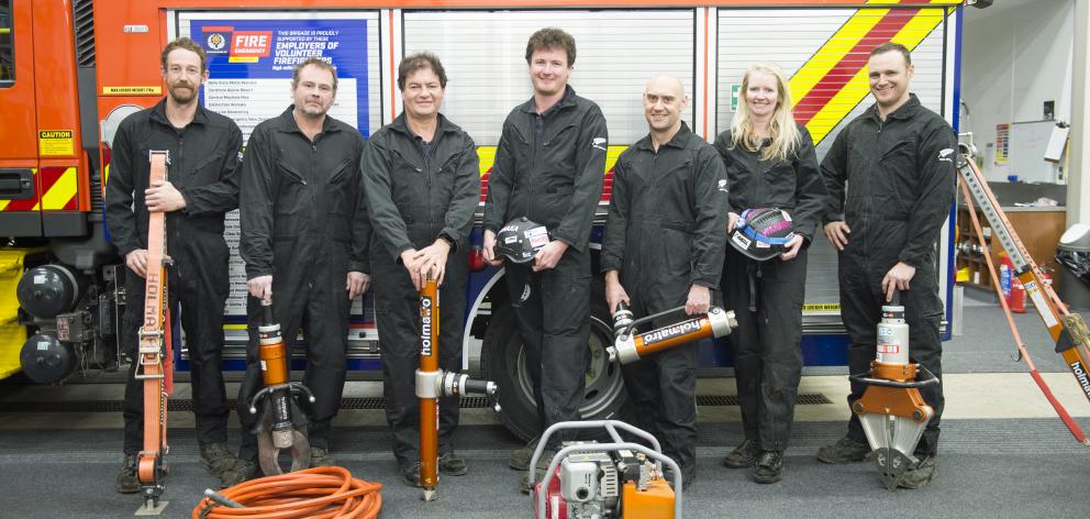 Wanaka Volunteer Fire Brigade Road Crash Rescue Challenge team members (from left) Mark Strang, Travis Purnell, Tony Wellman, Jarrod Wellman, Justin Stowell, Jodie Rainsford and Rob Thorp have won a United Fire Brigades Association South Island championsh