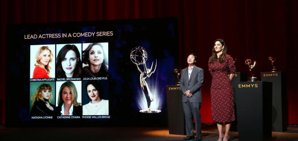 Ken Jeong and D'Arcy Carden attend the announce the nominees for the Emmy for best lead actress in a comedy series. Photo: Getty Images