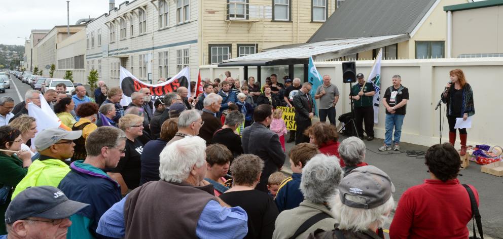 Dunedin South MP Clare Curran speaks at a rally outside Hillside Workshops in 2012.PHOTO: GERARD...