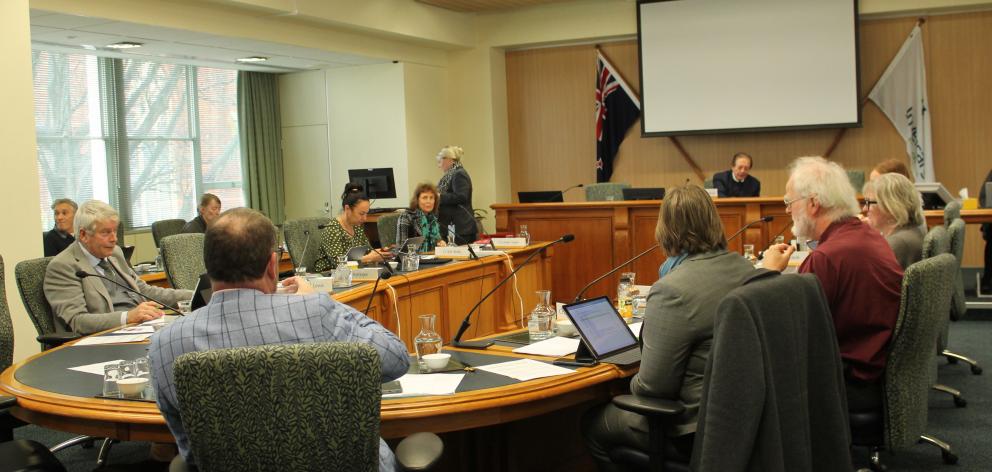 The Invercargill City Council and Mayor Tim Shadbolt hear submitters on the first day of a hearing about inner-city development. Photo: Luisa Girao