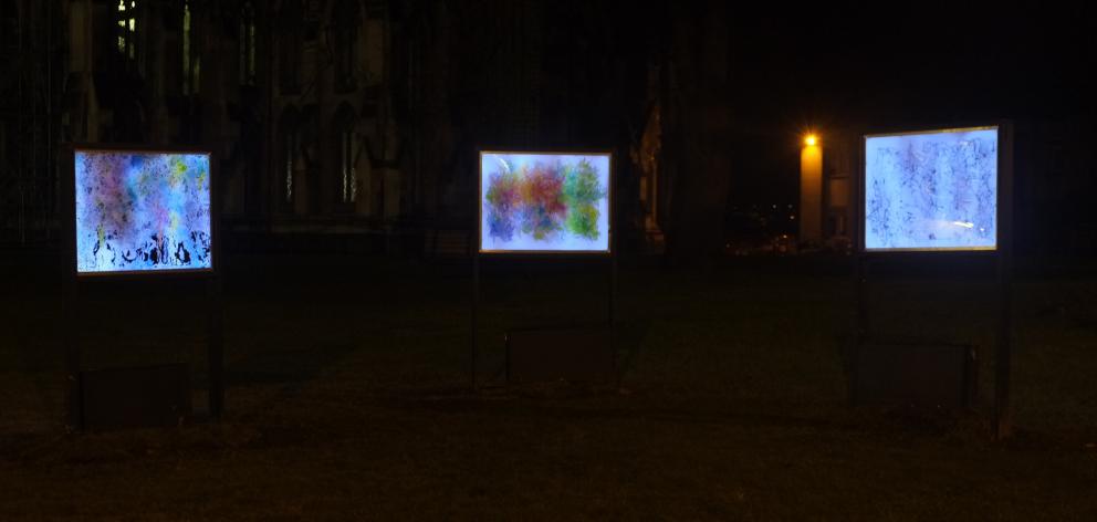 Motoko Kikkawa's installation in front of the First Church from the Nocturnal Projections and...