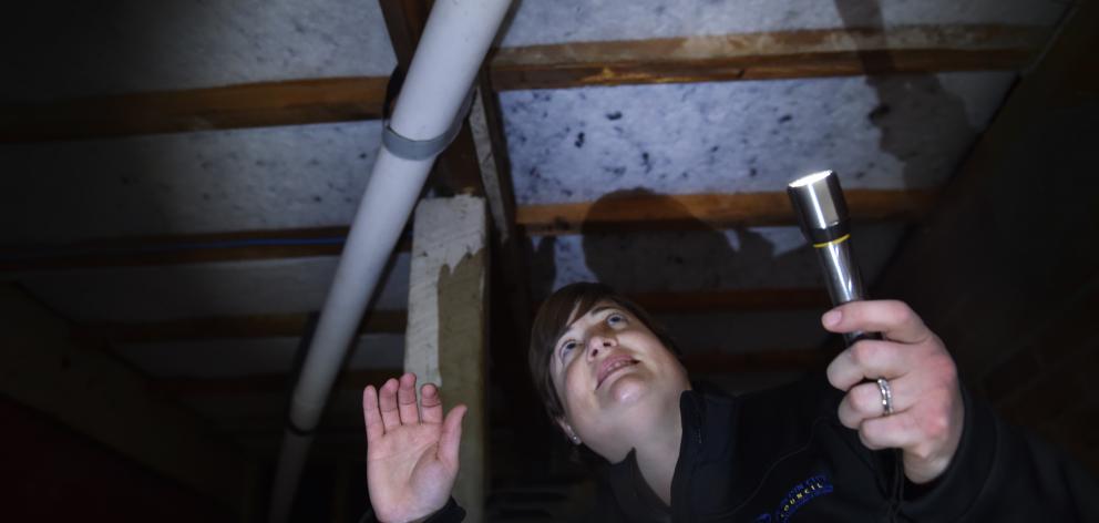 Eco design adviser Lisa Burrough inspects the underfloor insulation of a Northeast Valley home...