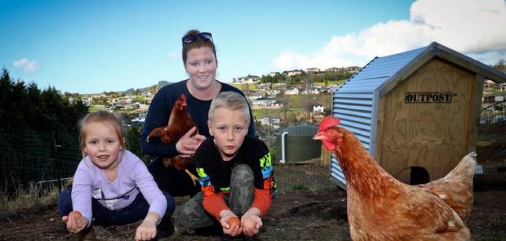 Lorilee de Jong and her children Maisy, 5, and Noah, 8, have 10 free-range chickens on their property and sell their eggs to the community. Photo: NZME.