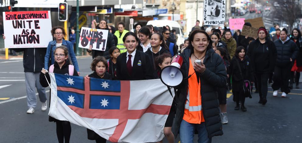Dunedin protest co-ordinator Kylie Taggart at the head of yesterday's Hands Off Our Tamariki protest march in Dunedin. Photo: Gregor Richardson