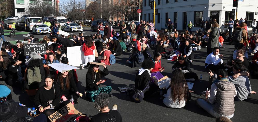 Protesters congregate at the intersection of Albany and Cumberland Sts in Dunedin at the end of...