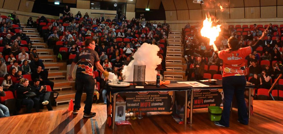 Science demonstrators Dr Sharon Samuel and Steven Liddell entertain their audience at the Teacher...