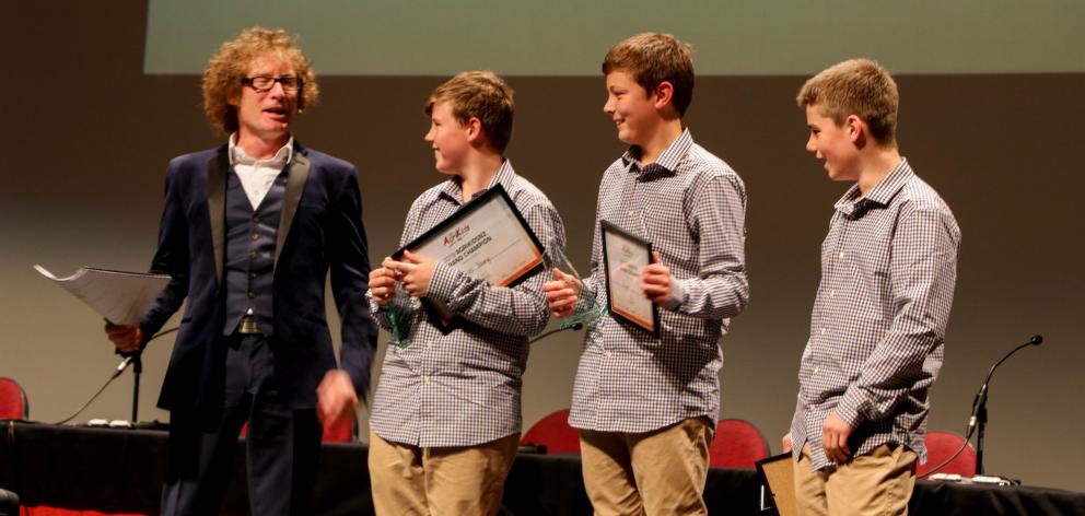 The Hogget Haggis team of Blue Mountain College, Tapanui, meet host Te Radar after winning the AgriKidsNZ Grand Final in Hawke's Bay on Friday. From left are Shamus Young (13), Flynn Hill (12) and Archie Chittock (12). Photo: Supplied