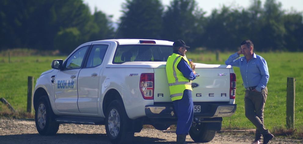 Ecolab's district sales manager for Otago and Southland Darren Stenning (right) has been involved in the dairy sector and rural communities most of his life. He catches up with dairy farmer and Fortuna Group chief executive Matthew Richards. Photo: Ecolab