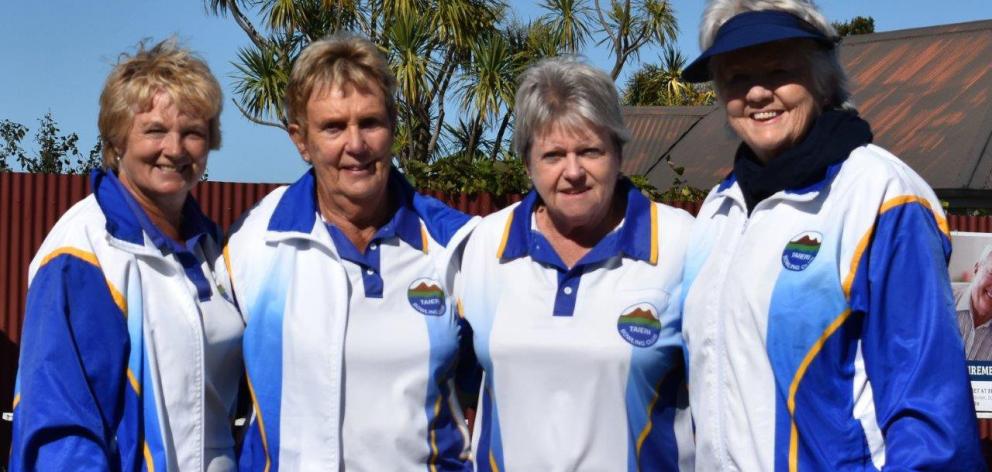 The winning Taieri women's bowls team of (from left) Beth Brown, Lorraine Turnbull, Jan Barclay and Dale Bourke after winning the Dunedin centre title in April at Balmacewen. Photo: Wayne Parsons