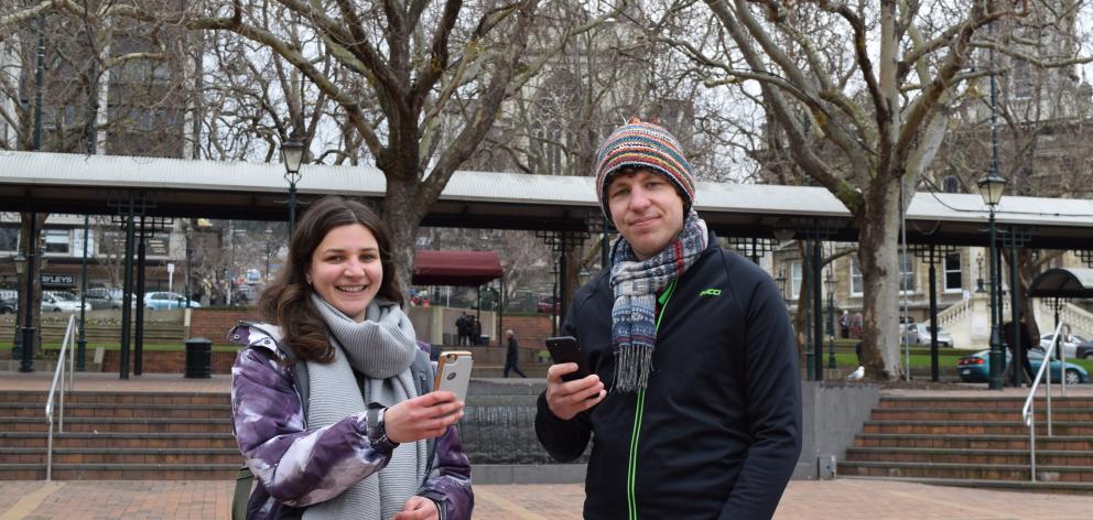 English tourists Joanna Hill and Matt Shadwick surf the internet using a Dunedin City Council wi...