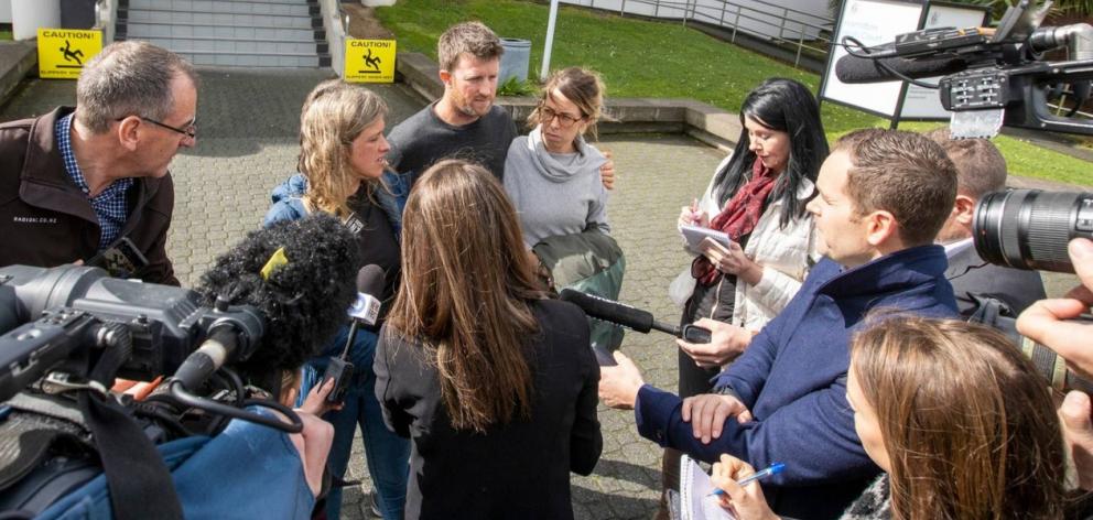 Family of victim Sean McKinnon talk to media at the Hamilton District Court. Photo: NZ Herald