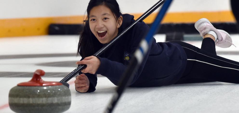 Otago Girls' High School player Lina Fraser (14) takes a tumble. Photos: Peter McIntosh