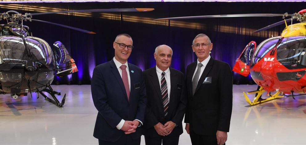Standing proudly in front of two Airbus H145 twin-engine air ambulance helicopters launched yesterday are Health Minister David Clark, Airbus strategy, sales and marketing vice-president Peter Harris and Otago Helicopters managing director and chief execu