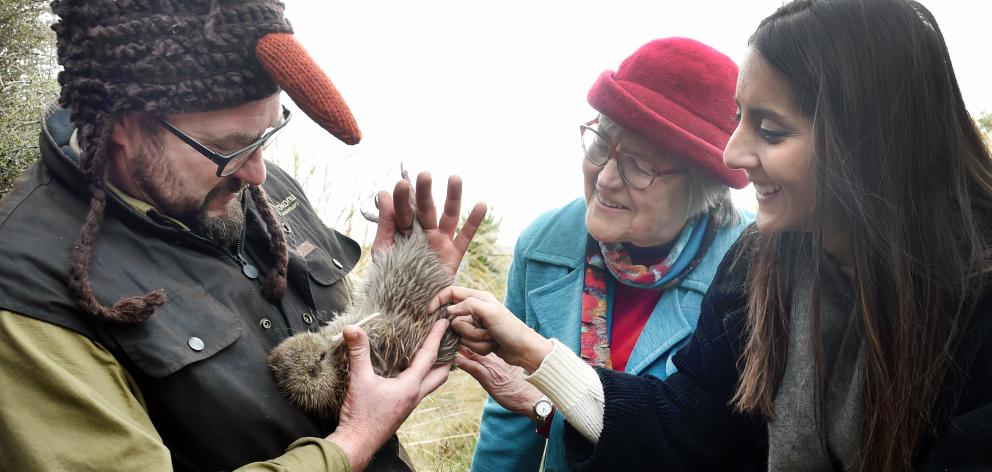 Conservation Minister Eugenie Sage meets a rare Haast tokoeka  with Orokonui Ecosanctuary...