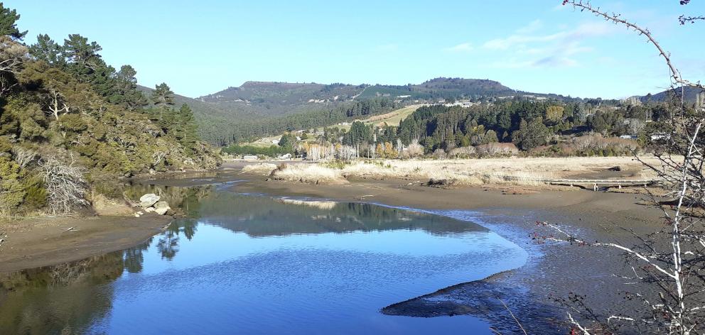 the bridge over the estuary offers a peaceful view back up the Orokonui valley to Mihiwaka....