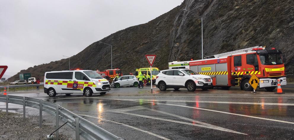Emergency services at the scene of the crash near Cromwell. Photo: Pam Jones