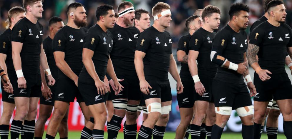 Kieran Read of the All Blacks leads the haka ahead of the Rugby World Cup 2019 Quarter Final match between New Zealand and Ireland. Photo: Getty Images