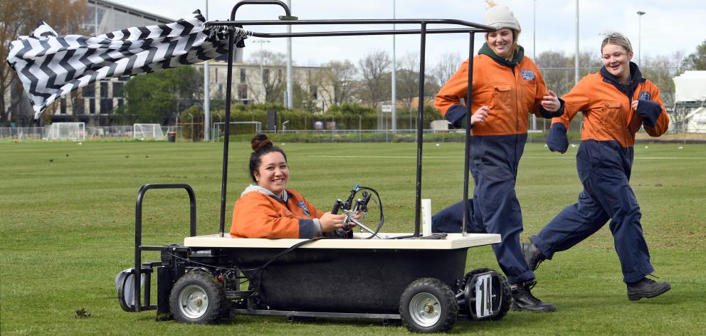 Otago Polytechnic level 2 automotive mechanical engineering students (from left) Stoney Huntley, Mikayley Bennett and Arizona Greig take their award-winning bath kart for a spin. Absent: Hayley Buchanan and Cleveland Kaiwai. Photo: Stephen Jaquiery