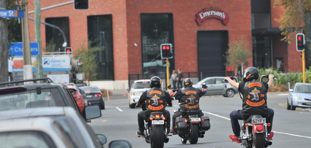 Bikers wearing gang patches ride through Dunedin.PHOTO: ODT FILES
