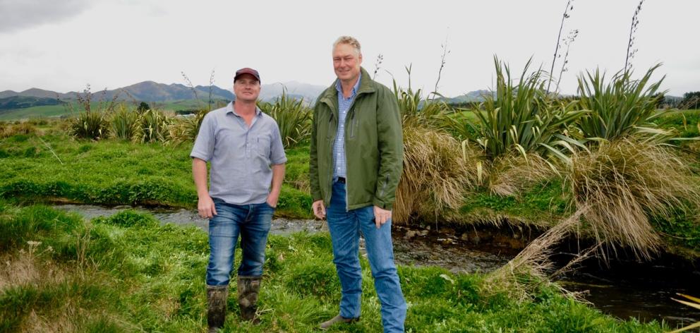 Sharemilker Nigel Gardiner, left, with Stuart Donald, a partner in TRG (The Rohatyn Group) Management LP, owners of The Triangle dairy farm at 865 Balmoral Station Road in Culverden, where a wetlands and streams field day was held on Thursday last week. P