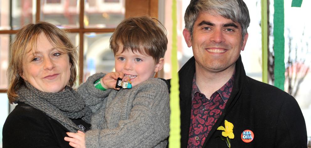 New mayor Aaron Hawkins celebrates with his wife Anya Sinclair and son Emile Hawkins (3). Photo:...