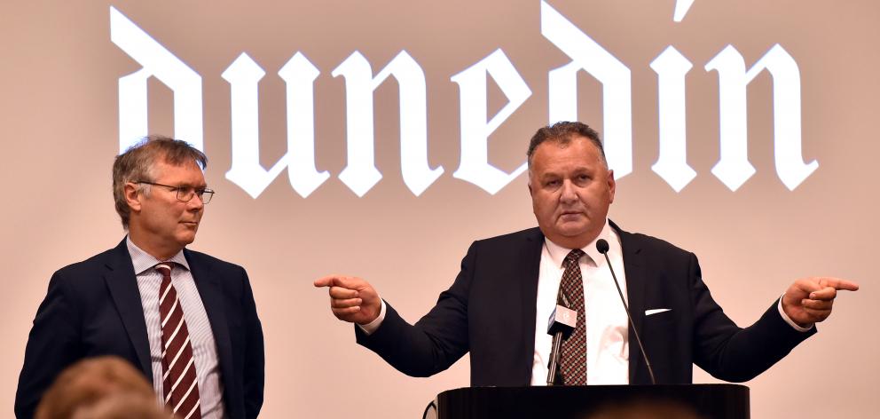 Economic Development Minister David Parker (left) and Regional Development Minister Shane Jones announce Provincial Growth Fund grants in Dunedin yesterday. Photo: Peter McIntosh