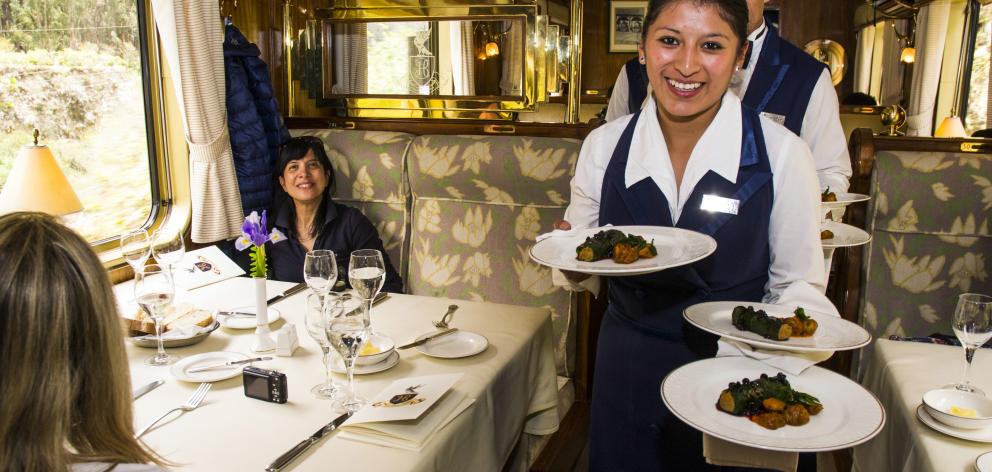 Fine dining on the Belmond Hiram Bingham on the way to Machu Picchu.