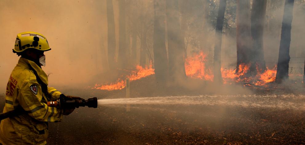 A Gloucester fire crew member fights flames from a bushfire at Koorainghat, near Taree in the Mid...